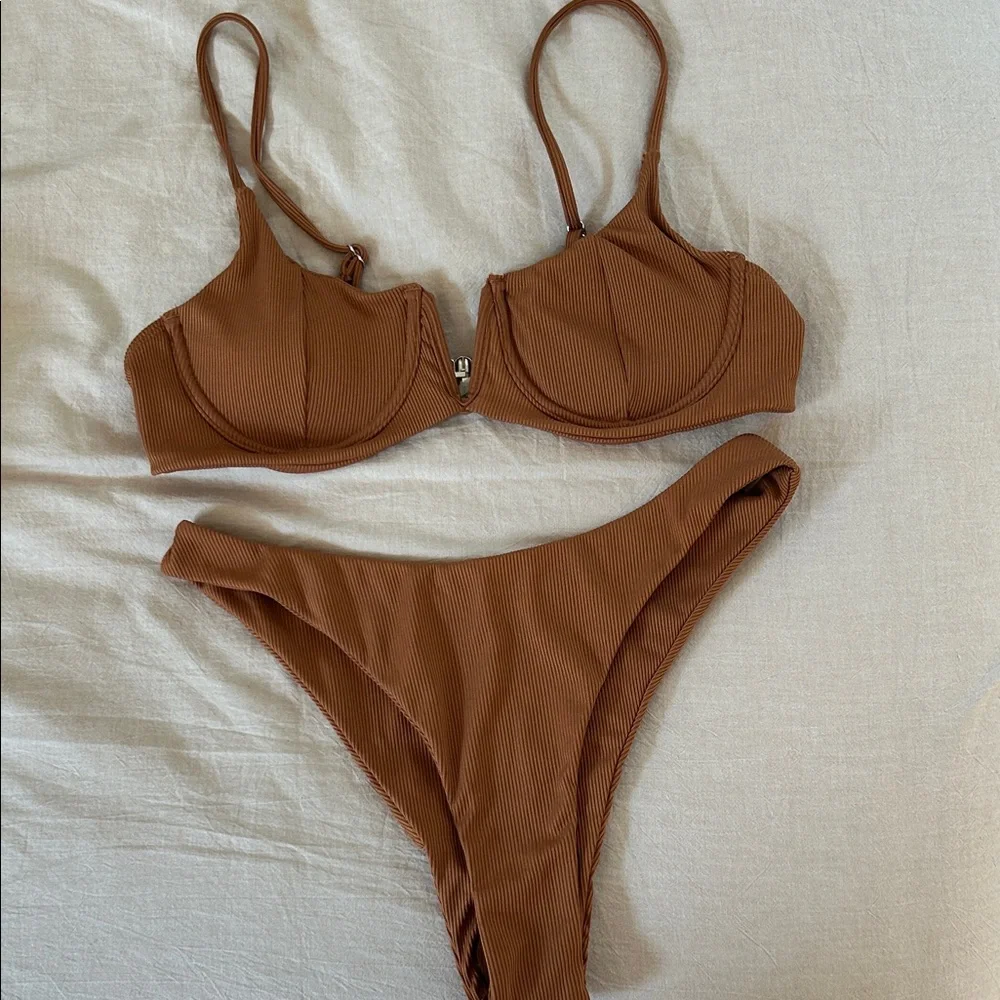 Brown Ribbed Bikini Set - Picture 1 of 1